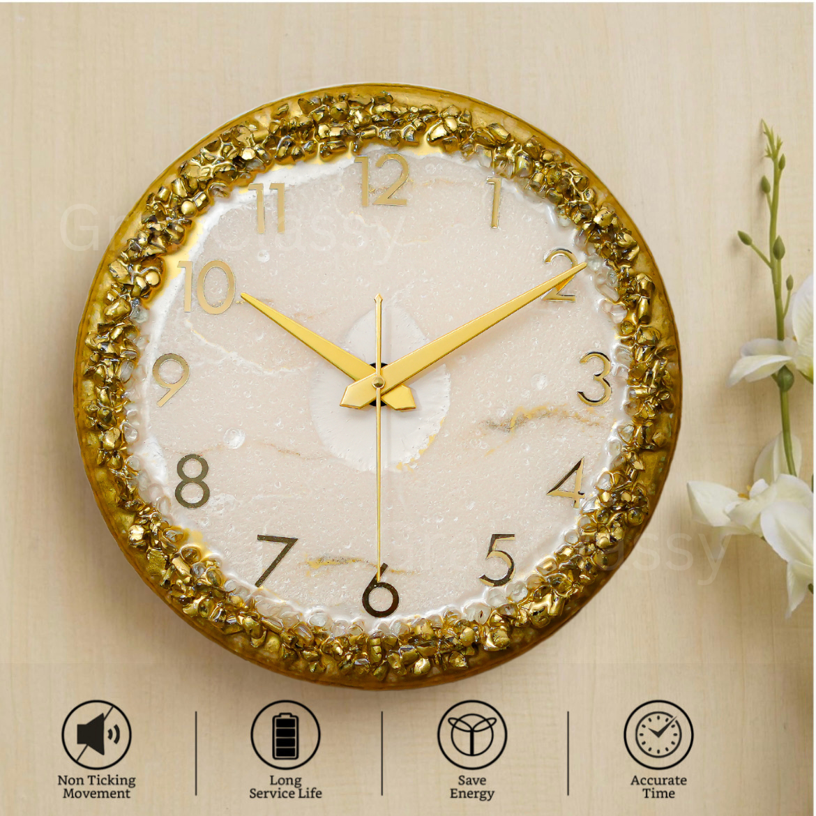 Luxury Silent Wall Clock Golden Ring 30cm