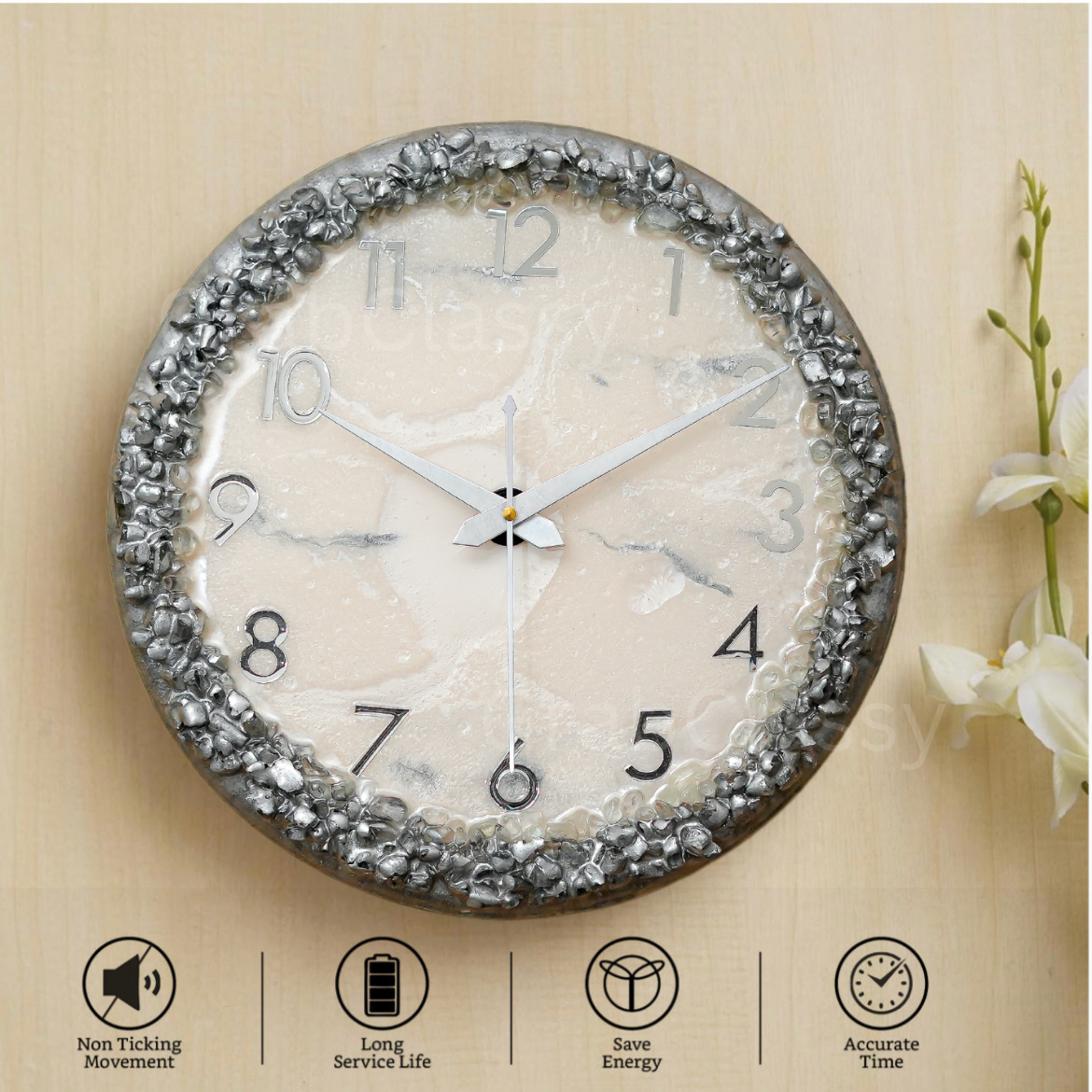 Luxury Silent Wall Clock Silver Ring 30cm