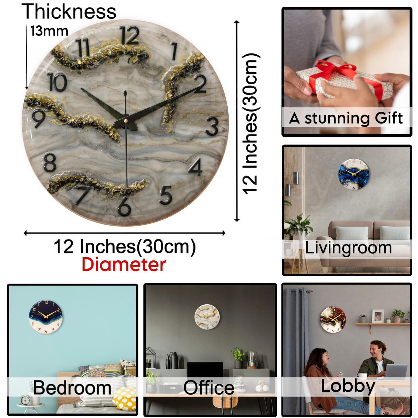 Luxury Silent Wall Clock Black & White 30cm
