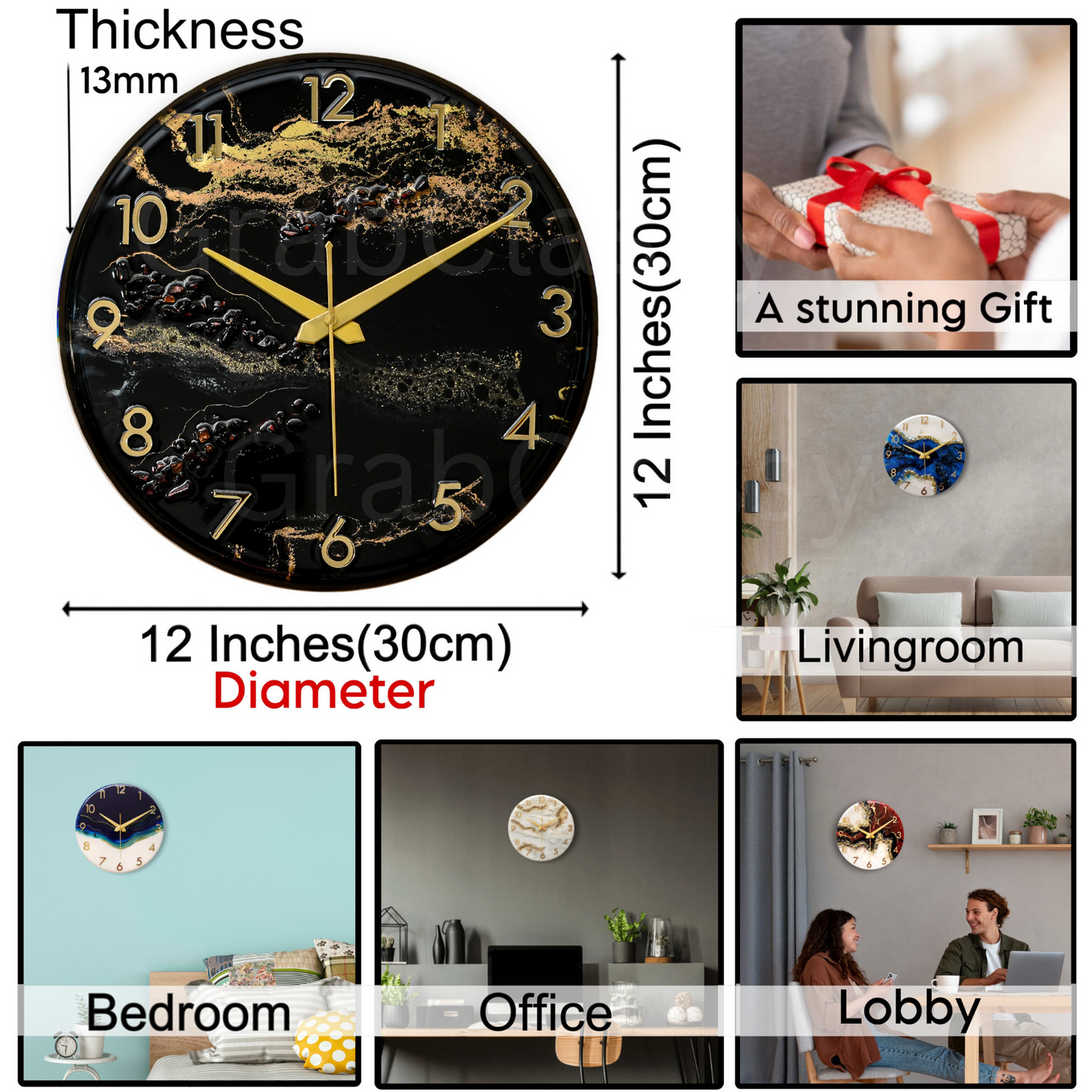 Luxury Silent Wall Clock Black Desert 30cm