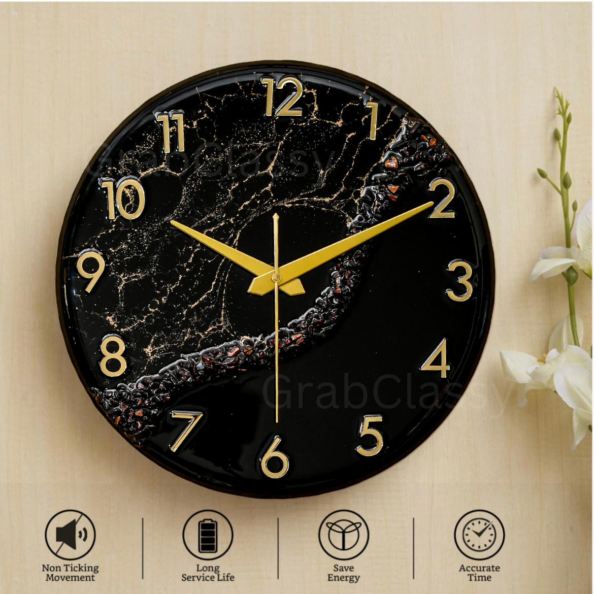 Luxury Silent Wall Clock Black Stunner 30cm