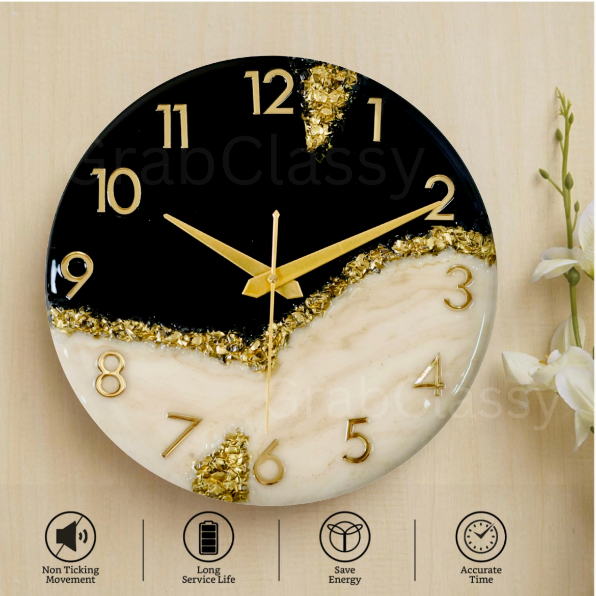 Luxury Silent Wall Clock Black Peak 30cm
