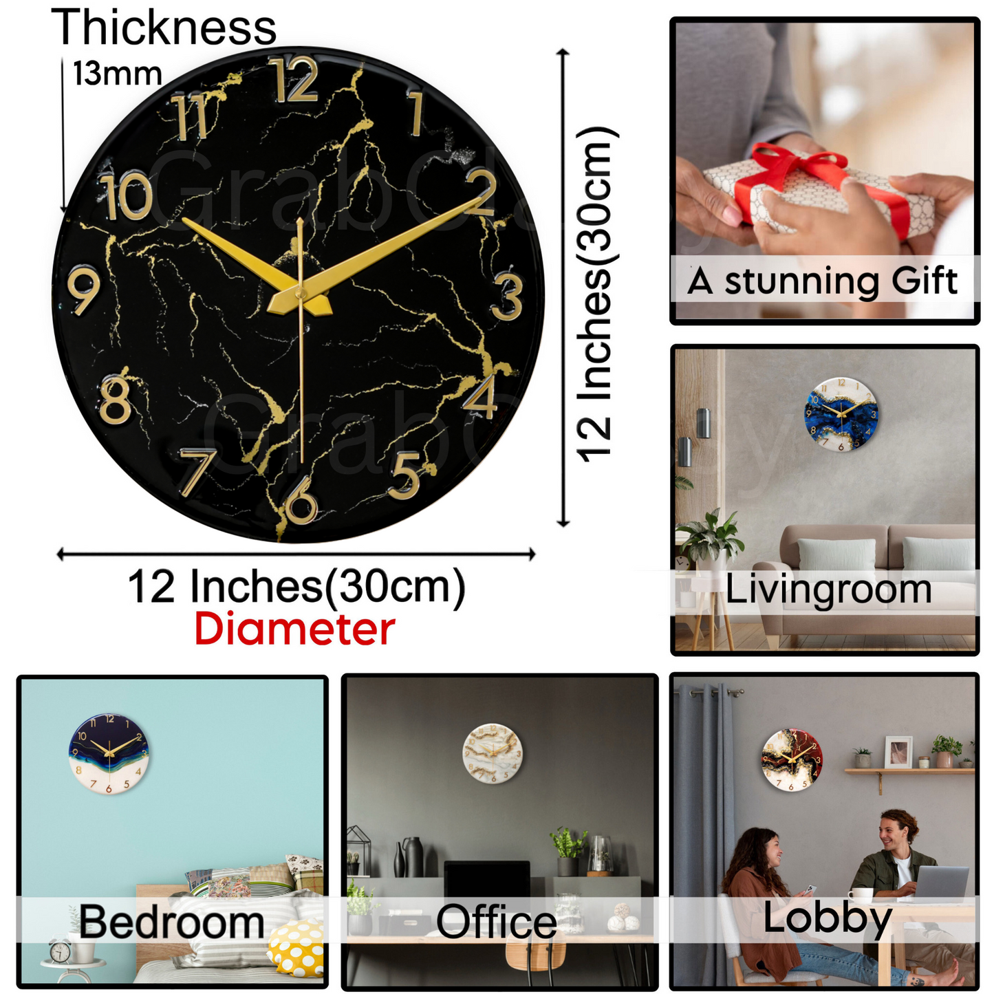 Luxury Silent Wall Clock Black Stripes 30cm