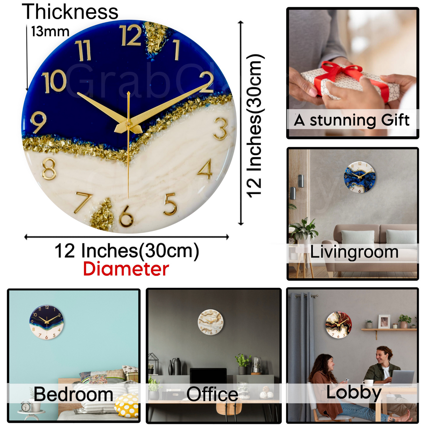 Luxury Silent Wall Clock Blue Peak 30cm