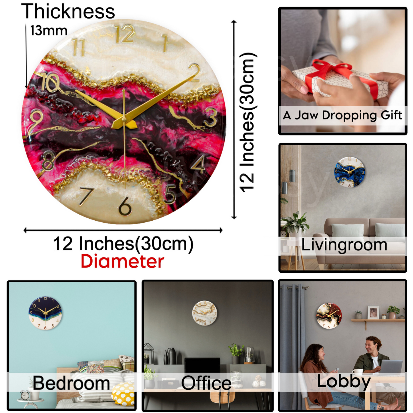 Luxury Silent Wall Clock Wine Geode 30cm