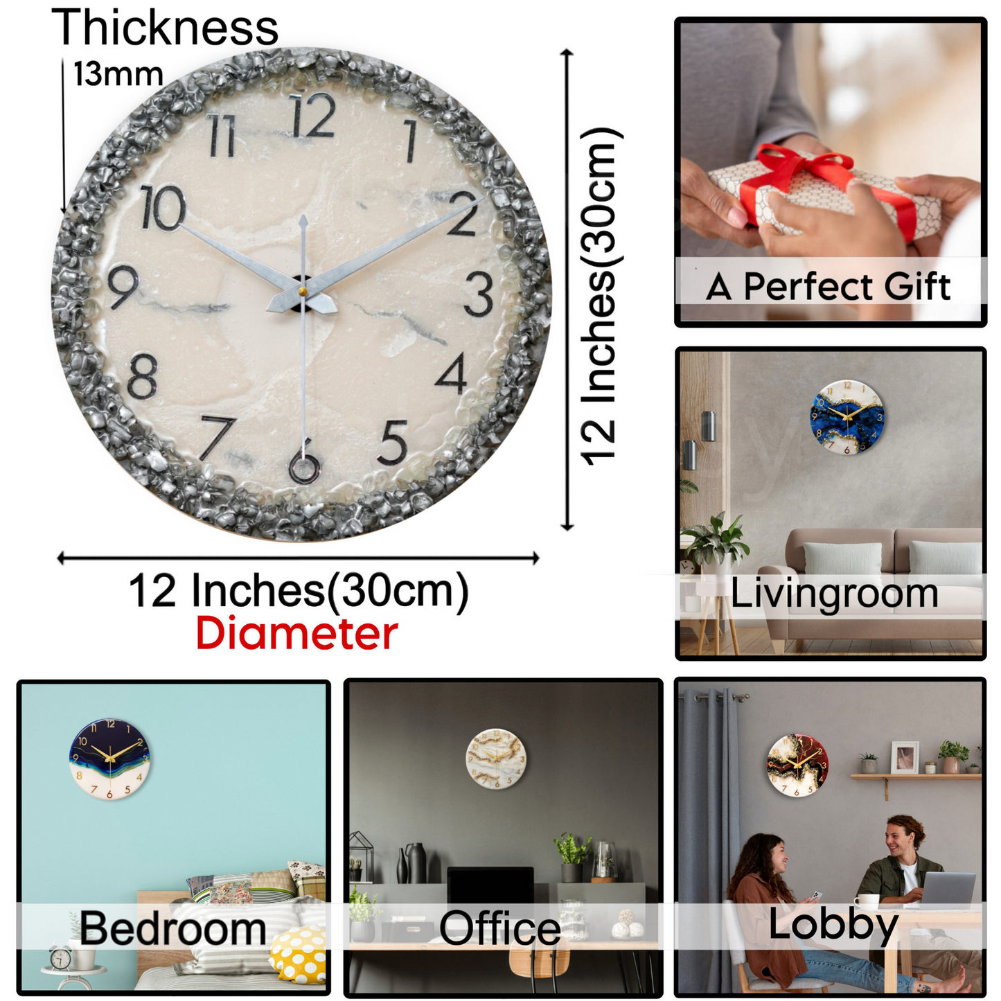 Luxury Silent Wall Clock Silver Ring 30cm