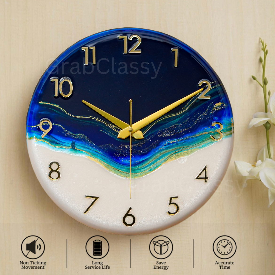 Luxury Silent Wall Clock Royal Blue 30cm