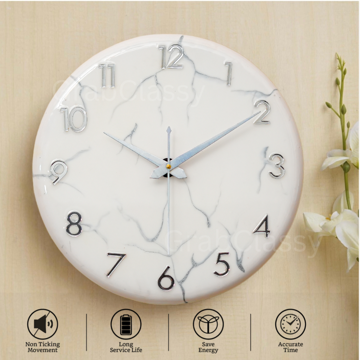 Luxury Silent Wall Clock Silver Dust 30cm
