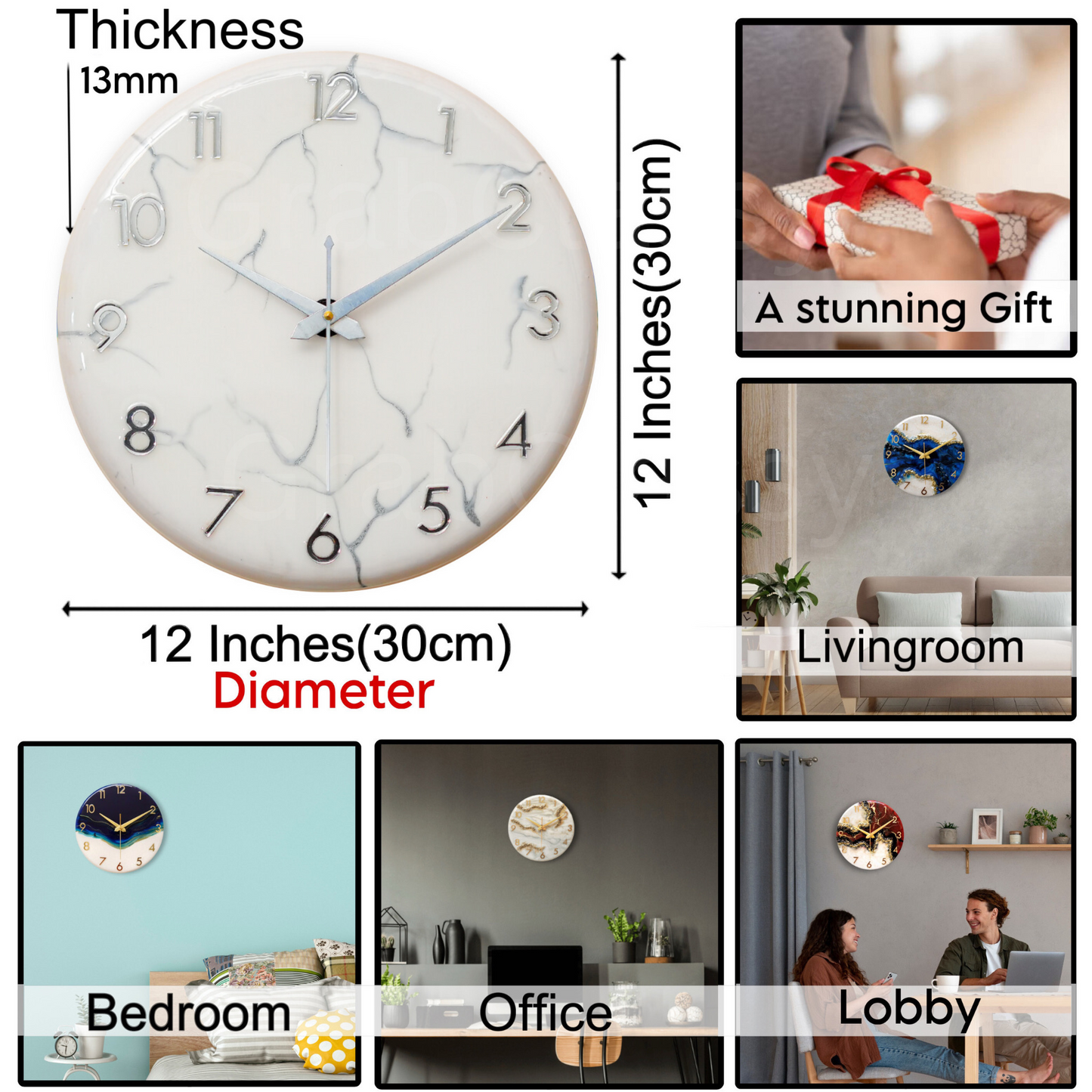 Luxury Silent Wall Clock Silver Dust 30cm