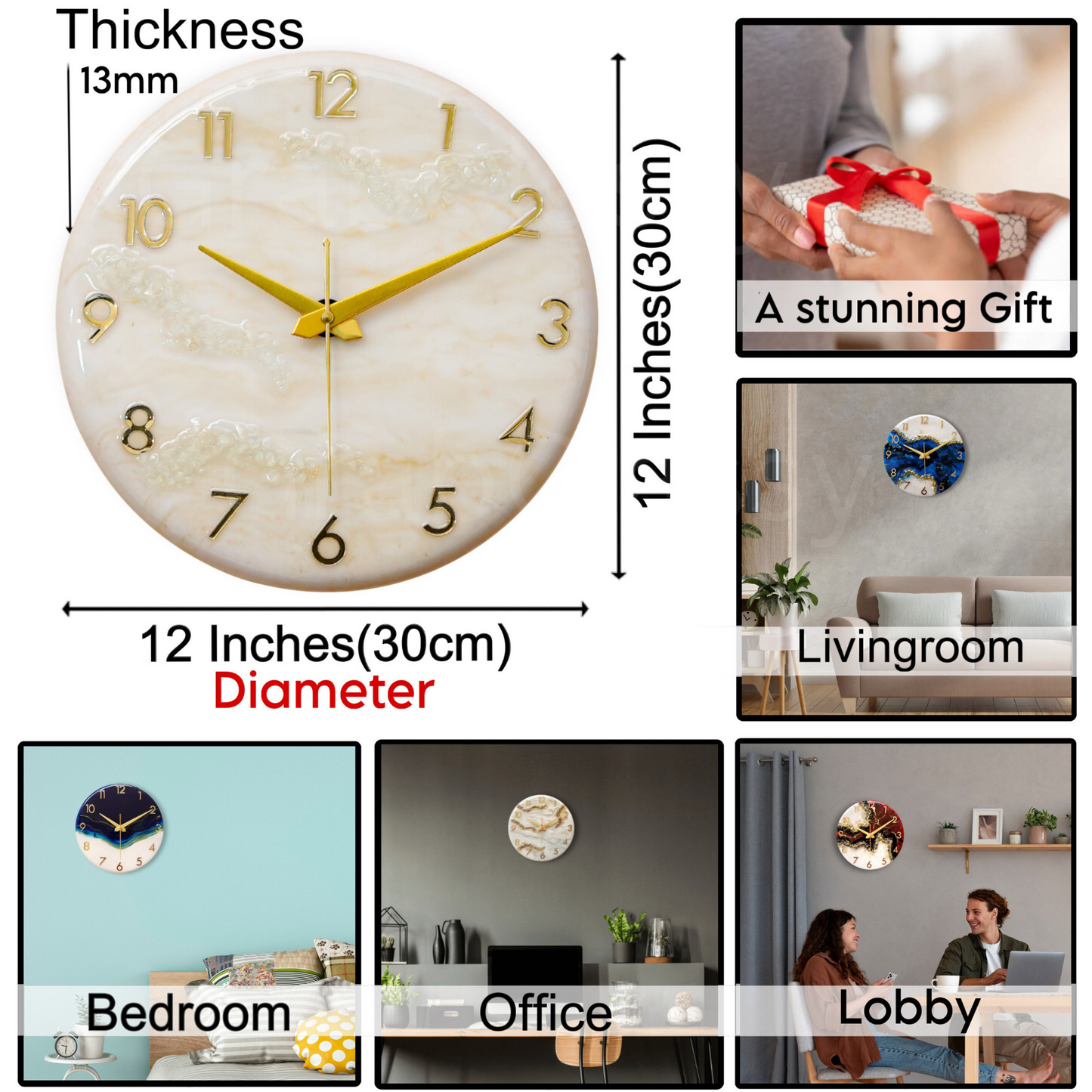 Luxury Silent Wall Clock Golden 30cm
