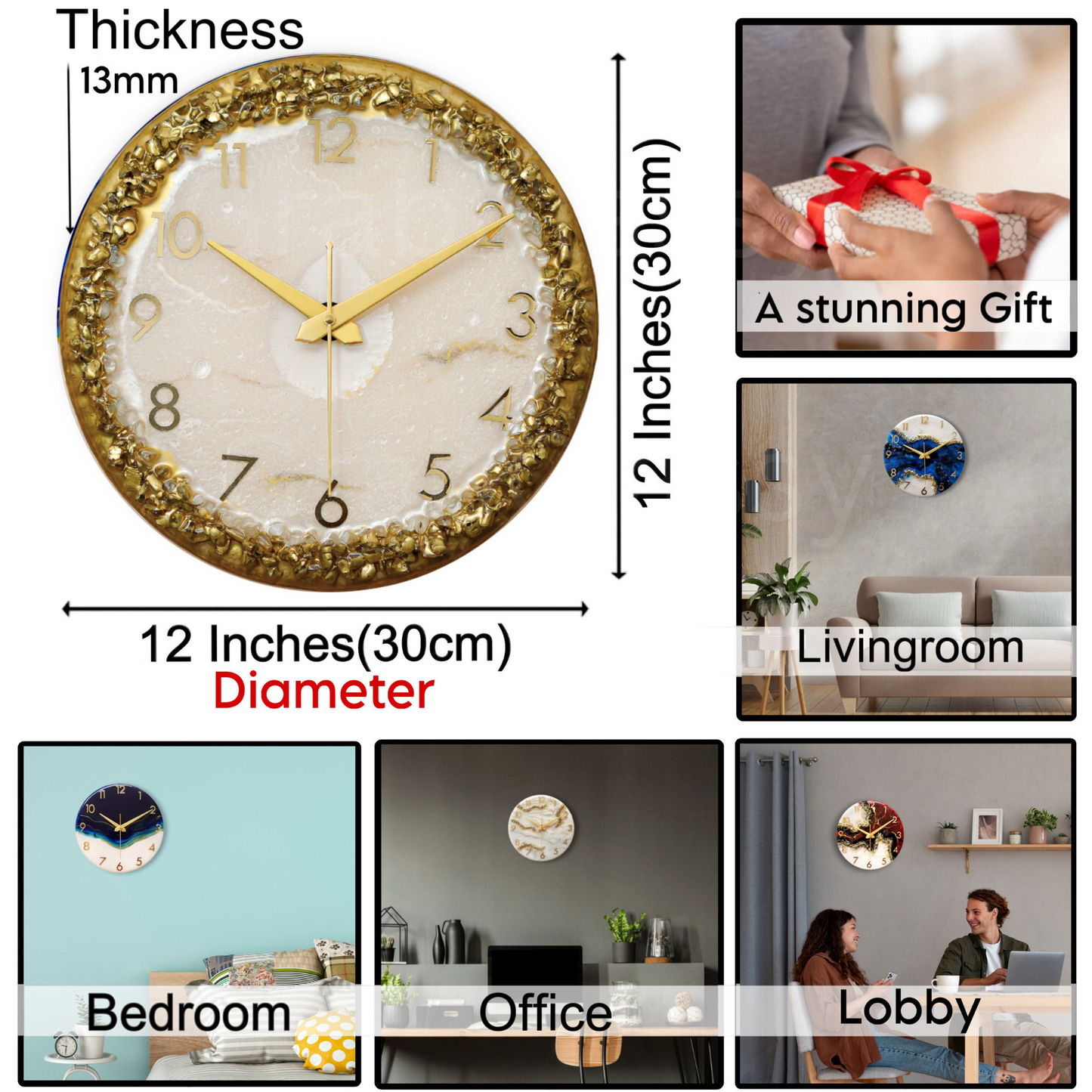 Luxury Silent Wall Clock Golden Ring 30cm