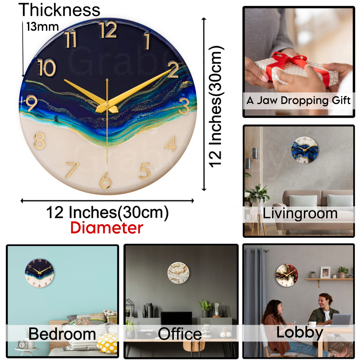 Luxury Silent Wall Clock Royal Blue 30cm