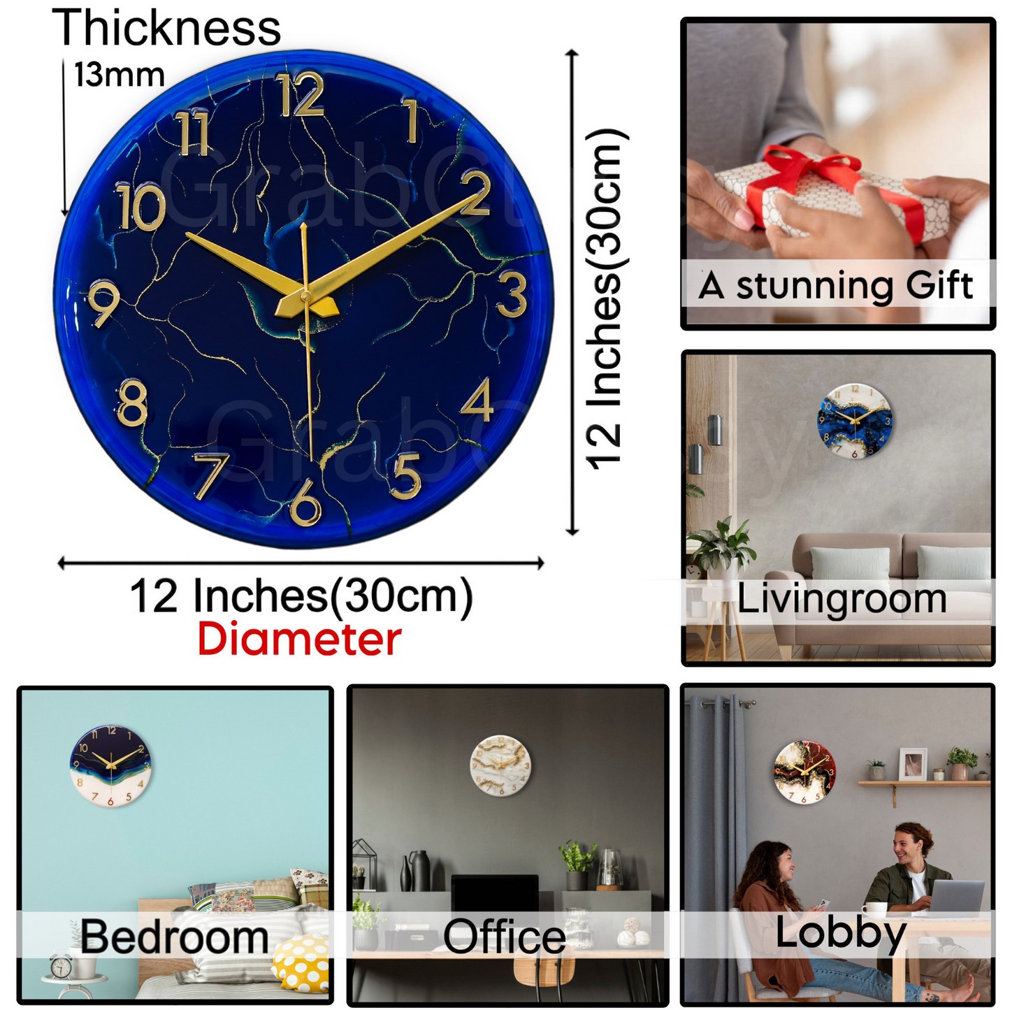 Luxury Silent Wall Clock Blue Storm 30cm
