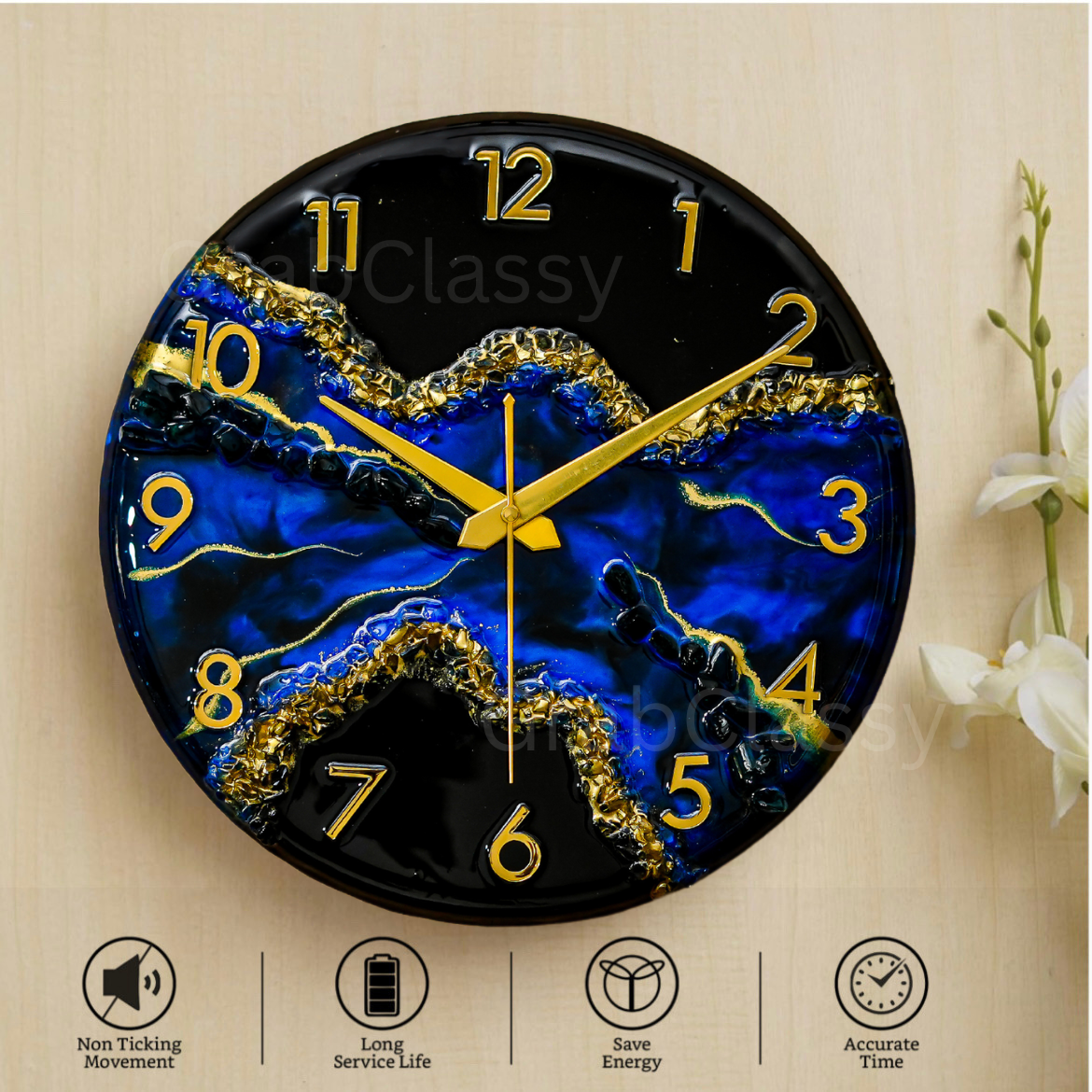 Luxury Silent Wall Clock Blue stunner 30cm
