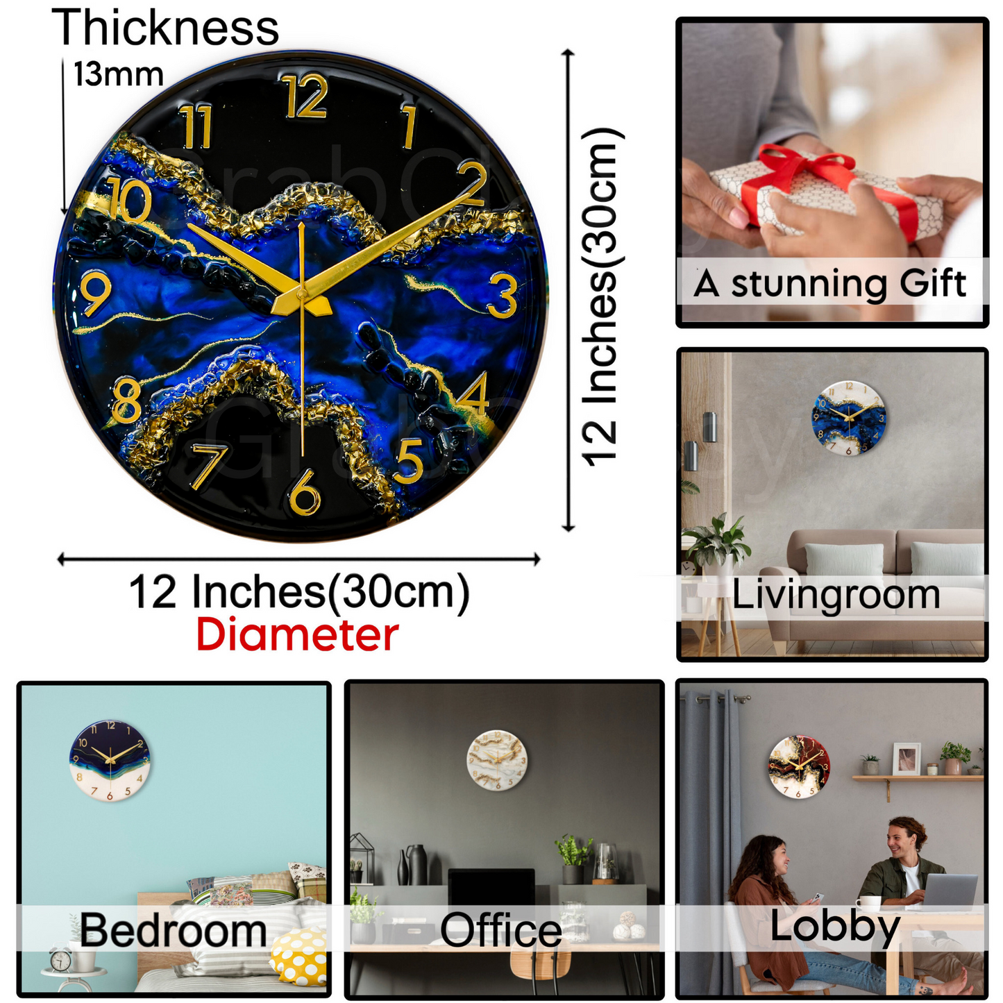 Luxury Silent Wall Clock Blue stunner 30cm