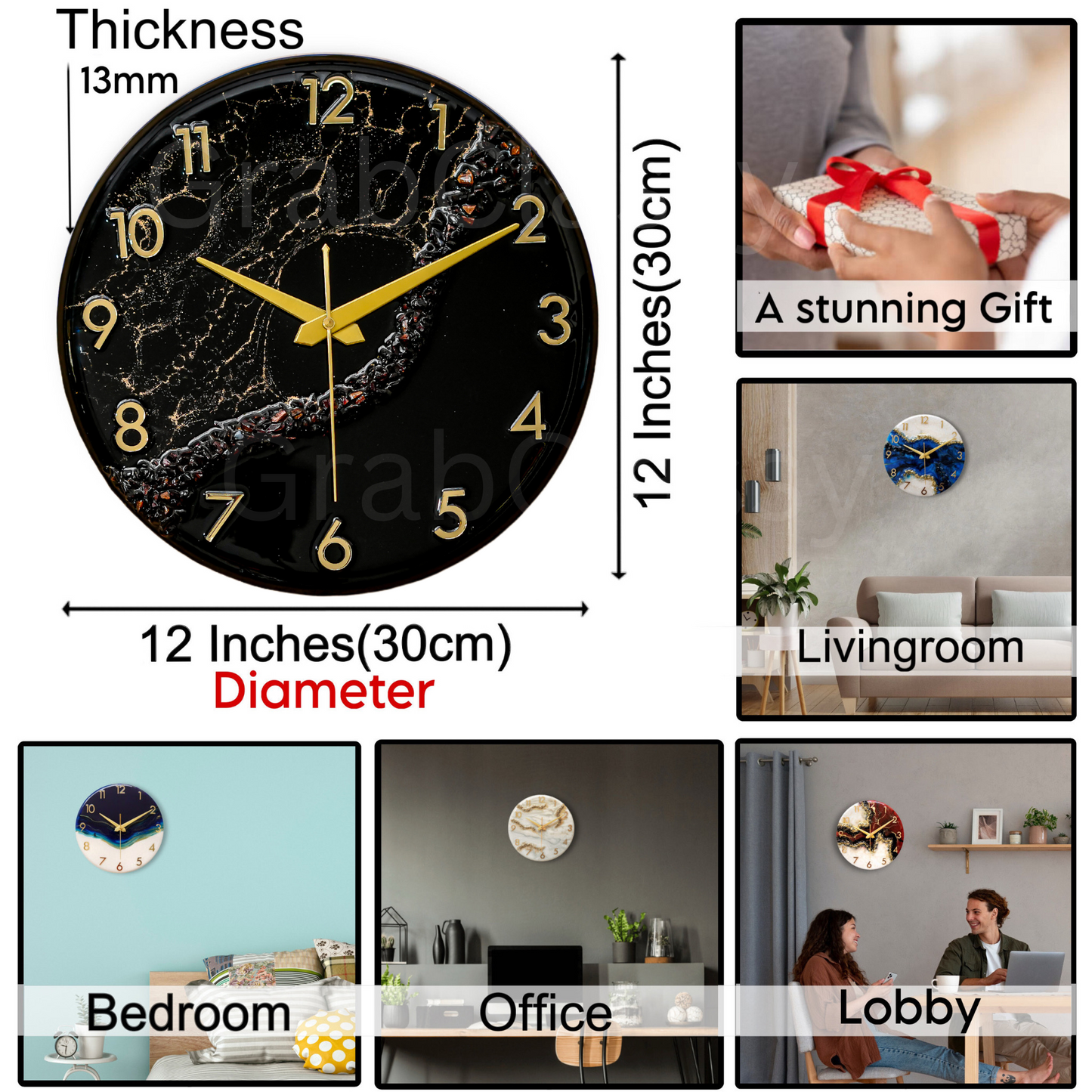 Luxury Silent Wall Clock Black Stunner 30cm