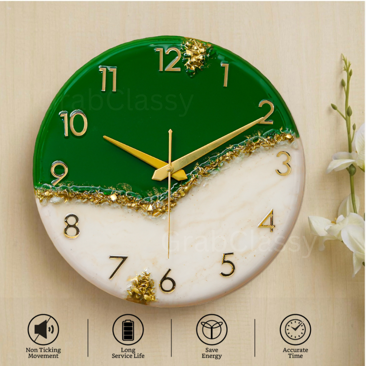 Luxury Silent Wall Clock Green peak 30cm