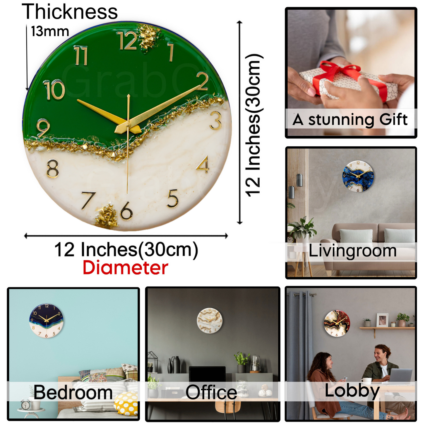 Luxury Silent Wall Clock Green peak 30cm