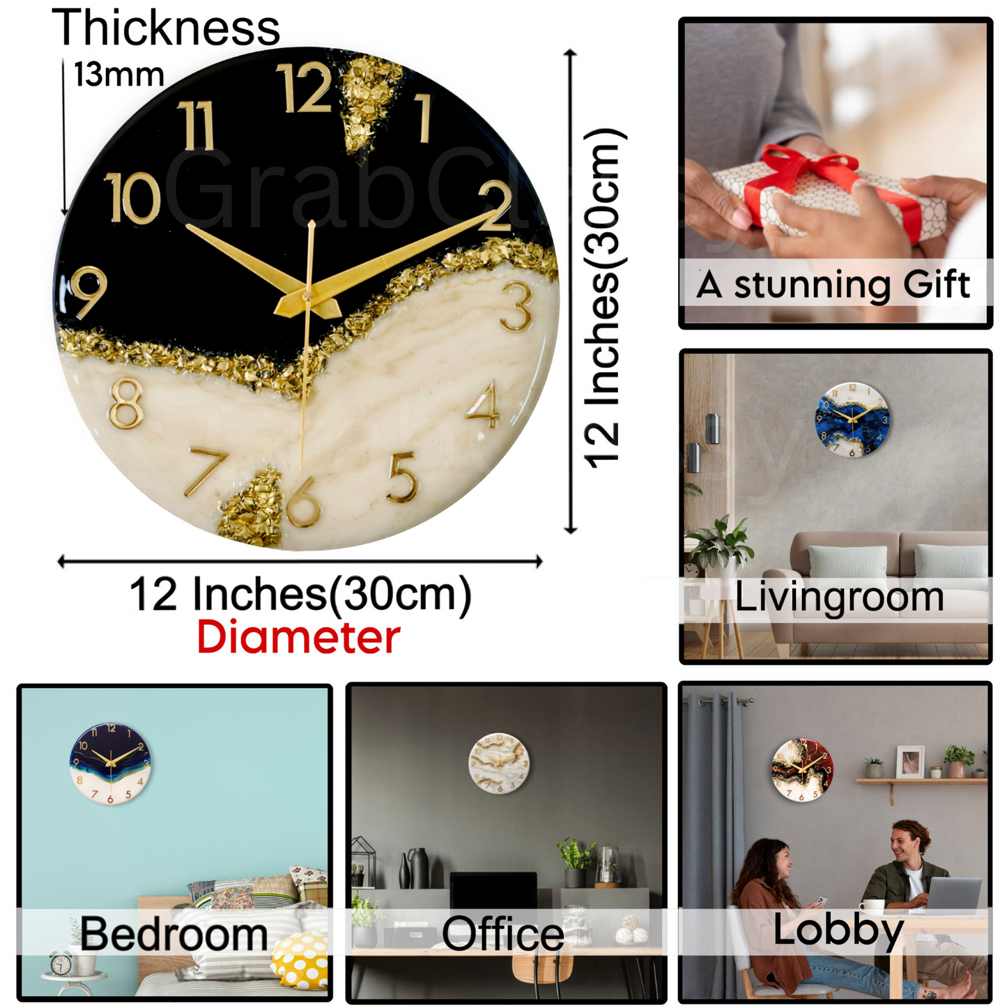 Luxury Silent Wall Clock Black Peak 30cm
