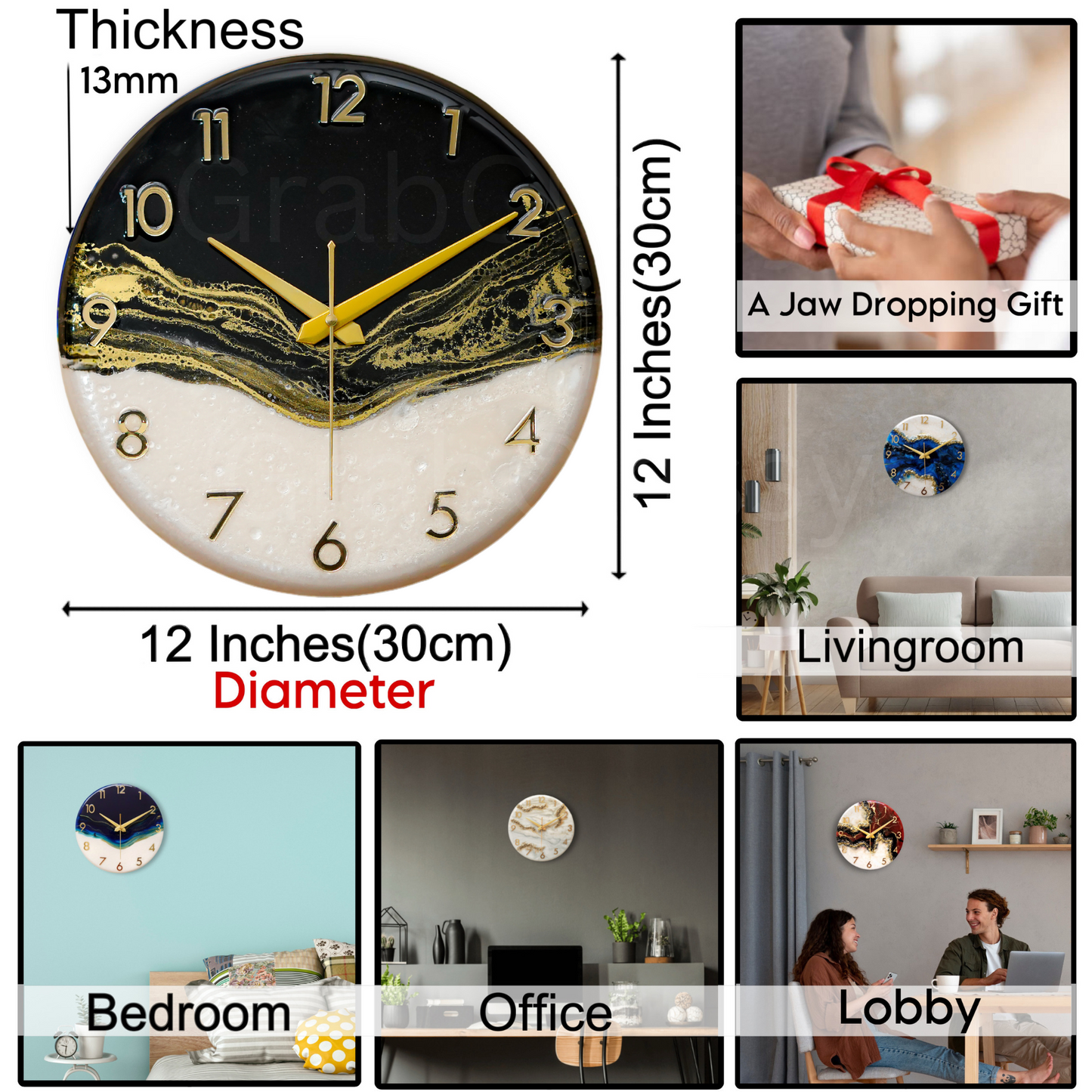 Luxury Silent Wall Clock Black White 30cm