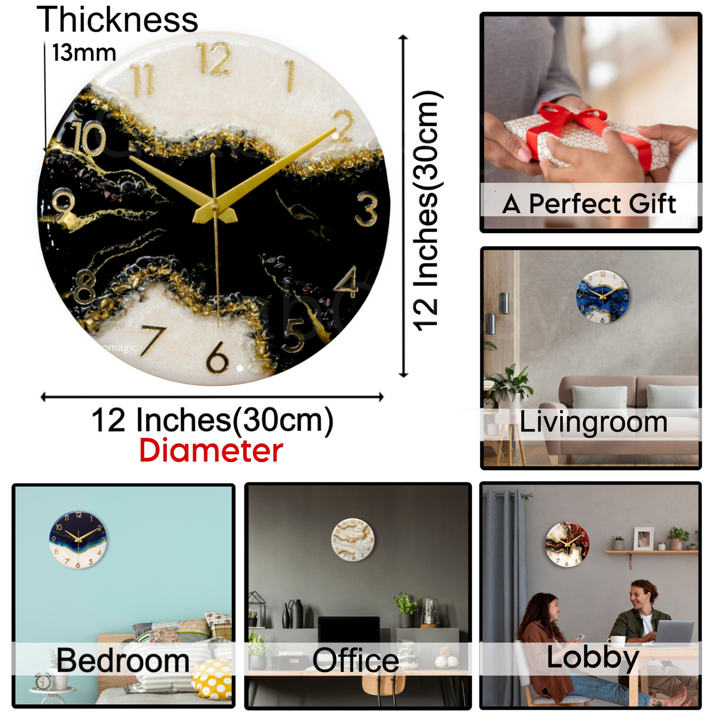 Luxury Silent Wall Clock Black Pond 30cm
