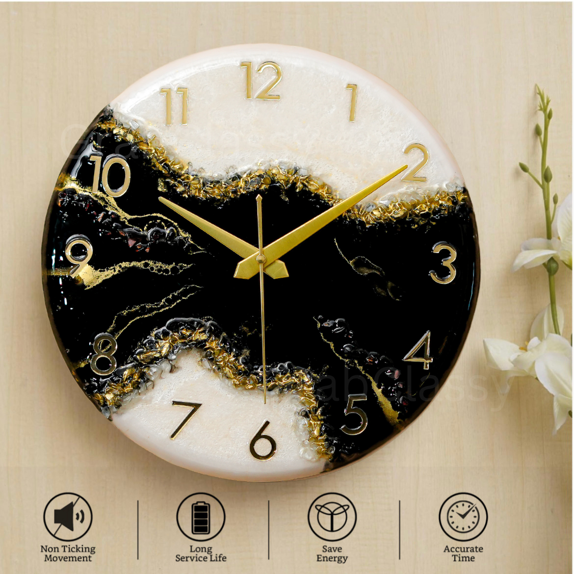 Luxury Silent Wall Clock Black Pond 30cm