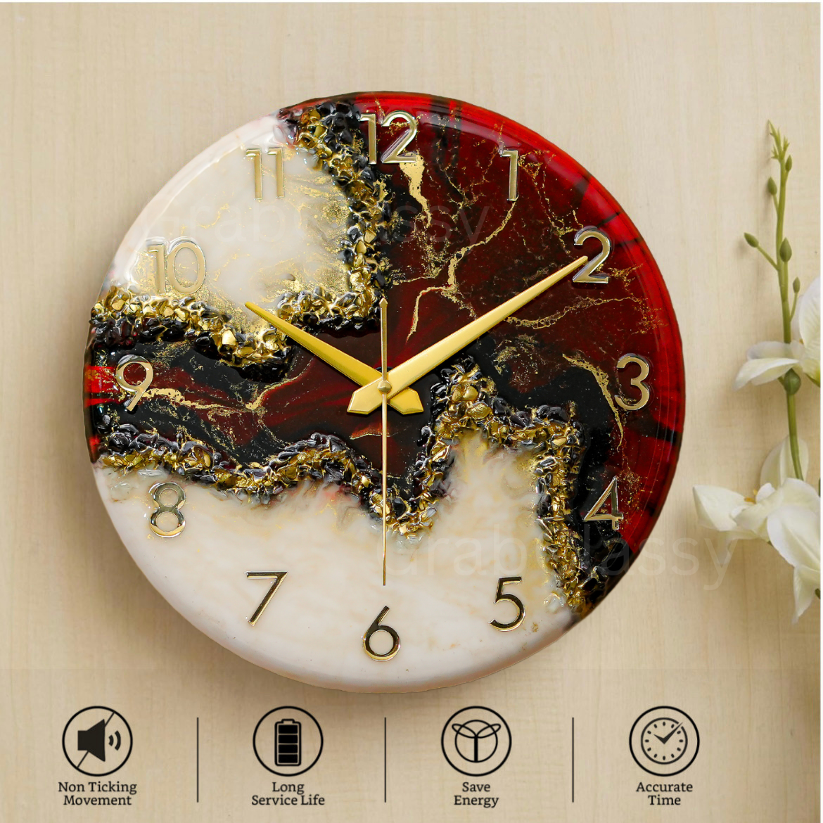 Luxury Silent Wall Clock Maroon Stunner 30cm